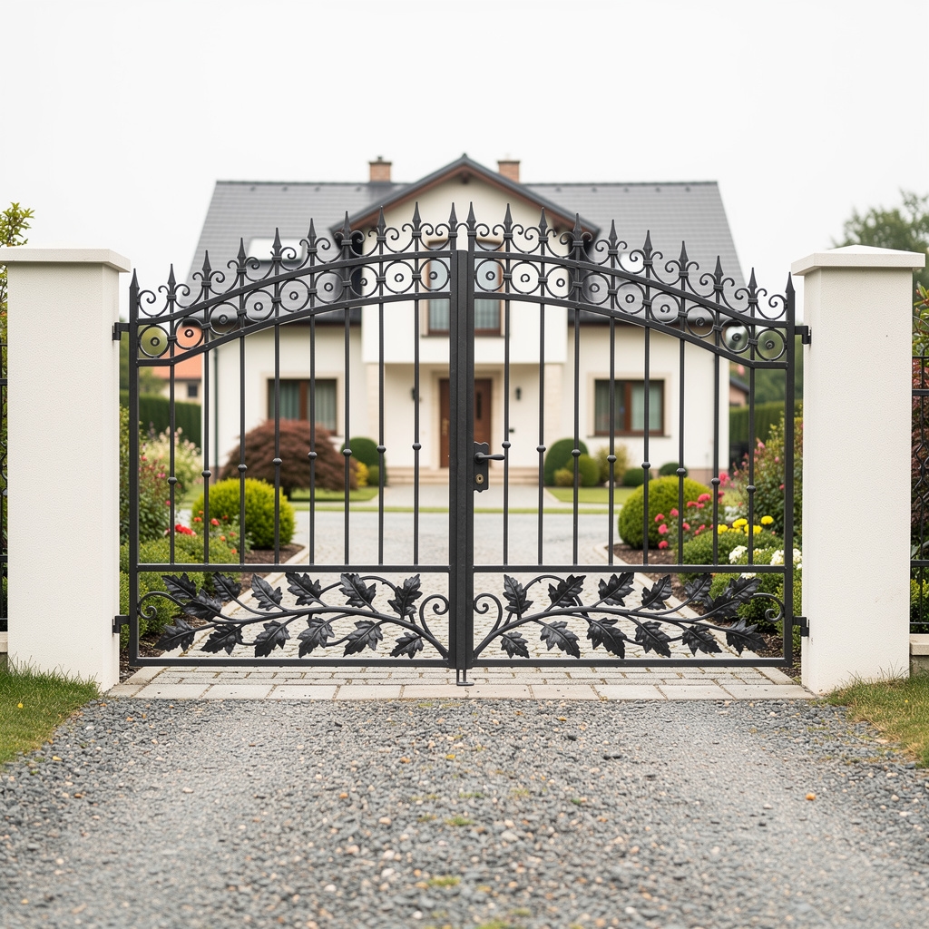 Kovaná vjezdová brána pro rodinný dům s ornamentálním vzorem